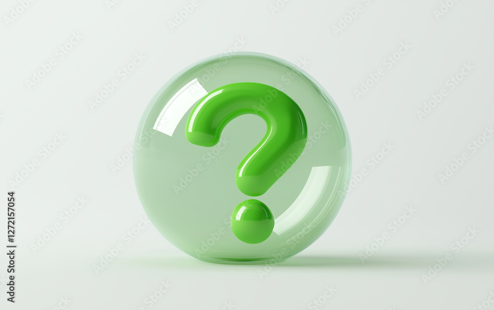 Fototapete Question Mark in Sphere a 3D render. Green Question Mark inside a transparent sphere. Question Mark graphic design