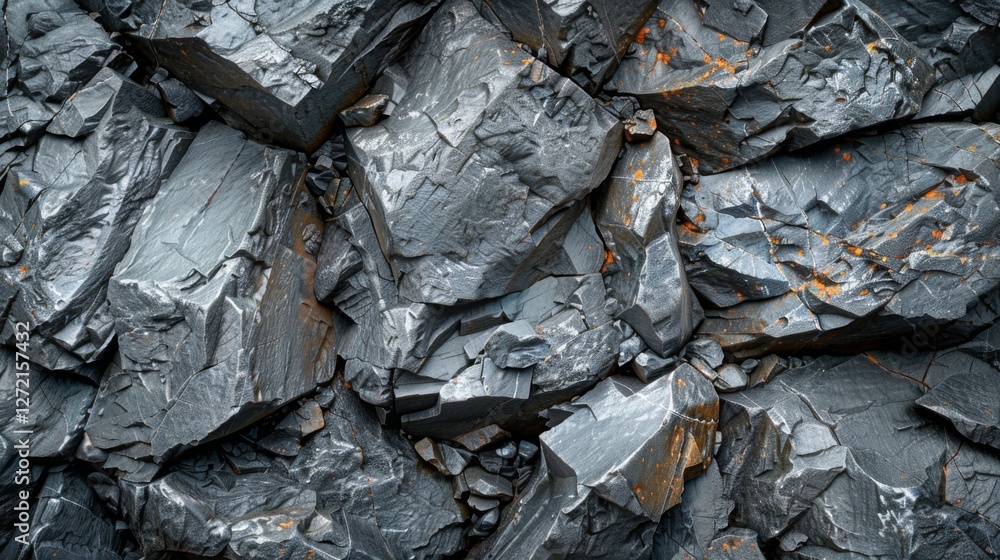 Aufkleber jagged dark gray rocks are stacked closely together, revealing intricate textures and patterns, with