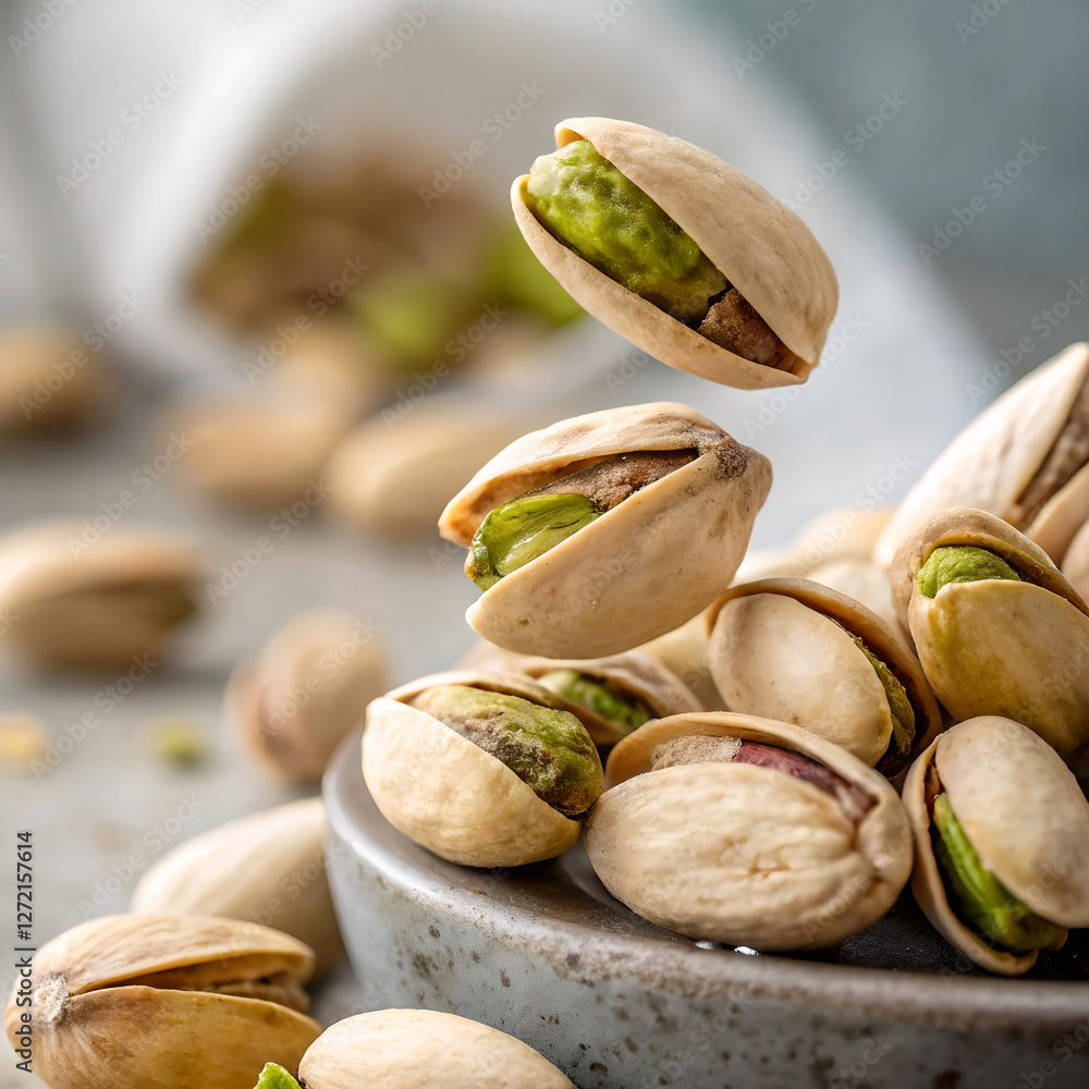 Poster a bowl filled with pistachio nuts, with one of them being dropped into the air. the bowl is placed o