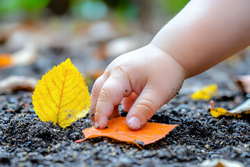 Closeup of a babys hand gently touching autumn leaves on the ground.  A symbol of new life, discovery, and the beauty of natures cycle. Perfect for themes of childhood, growth, and seasonal change.