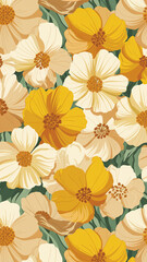A vibrant floral design featuring yellow and beige flowers, showcasing a fresh, warm color palette and a playful, modern style that evokes feelings of energy and nature. 3D wallpaper