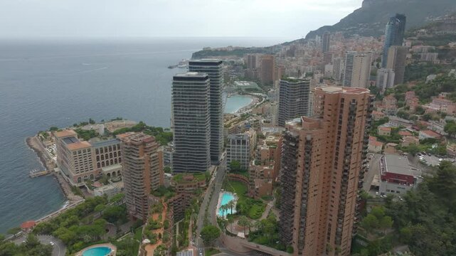 Aerial of Monaco and France with skyscrapers and the Mediterranean Sea