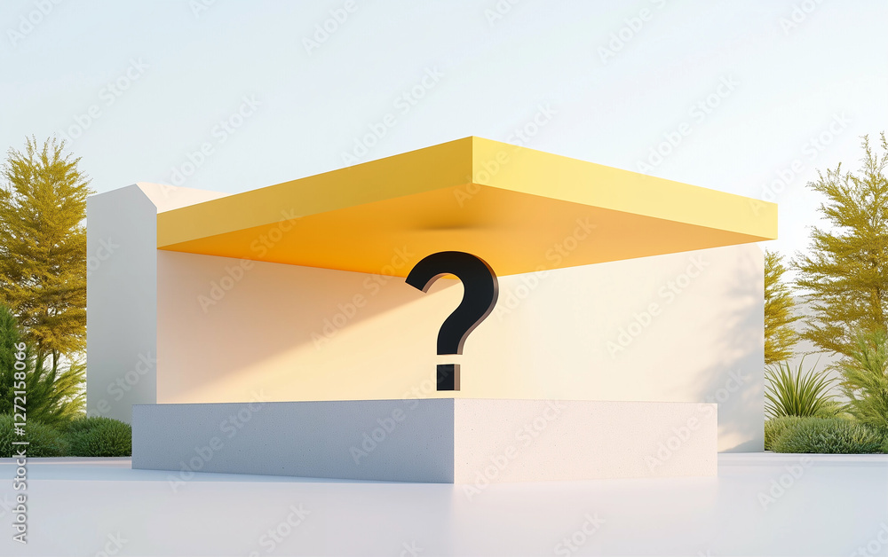 Poster sculpture with question mark in modern architecture abstract style. abstract sculpture with yellow r