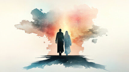 A journey through faith and divine guidance, two figures walking toward the light, symbolizing protection, spiritual direction, and trust in God's plan. Digital watercolor painting illustration