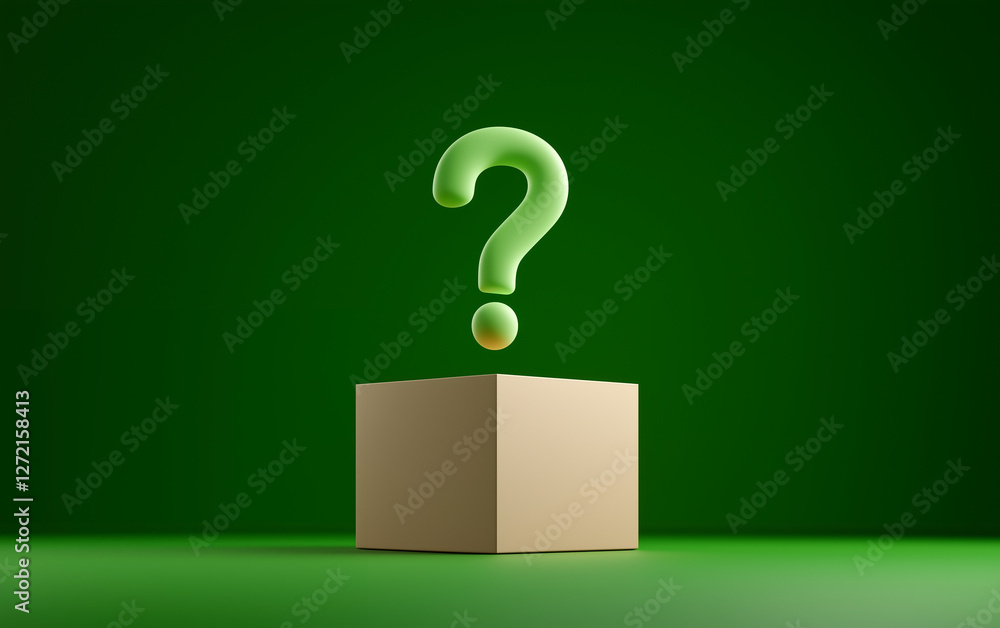 Poster green question mark on box against green background graphic resources. question mark above box conce