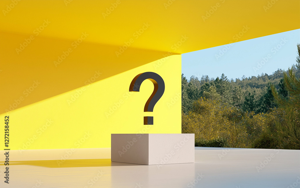 Poster question mark on display stand with yellow wall and nature background. question mark in graphic desi