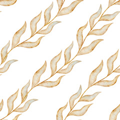 Watercolor pattern rhythmic diagonal seaweed, branches. Illustration hand drawn in marine style. Seamless print on white background for fabric, textile, packaging, clothes, wallpaper, clothing, summer