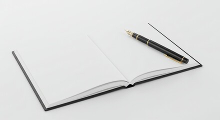 Open Notebook with Fountain Pen - Blank Pages Ready for Writing on White Background, Minimalist Office Supply.