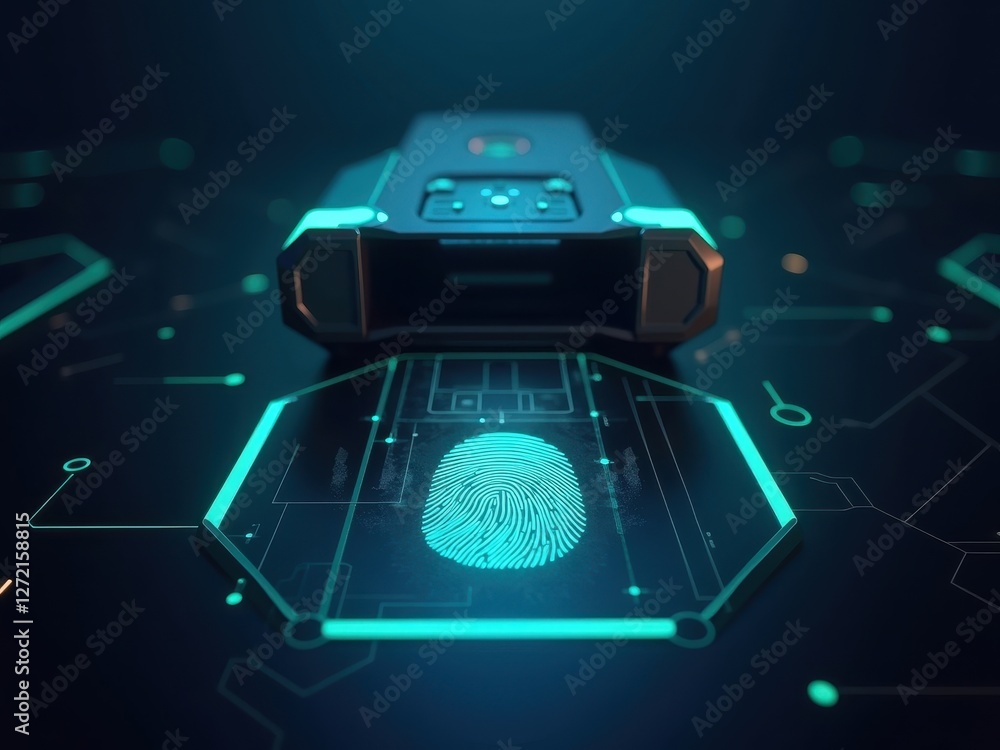 Poster intricate cybersecurity concept featuring a fingerprint scanner with digital elements illuminated ag