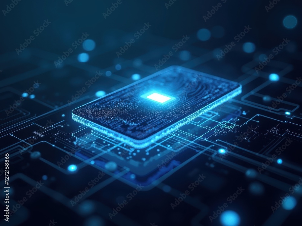 Poster cutting-edge cybersecurity technology visualized with a glowing processor motherboard in a digital l