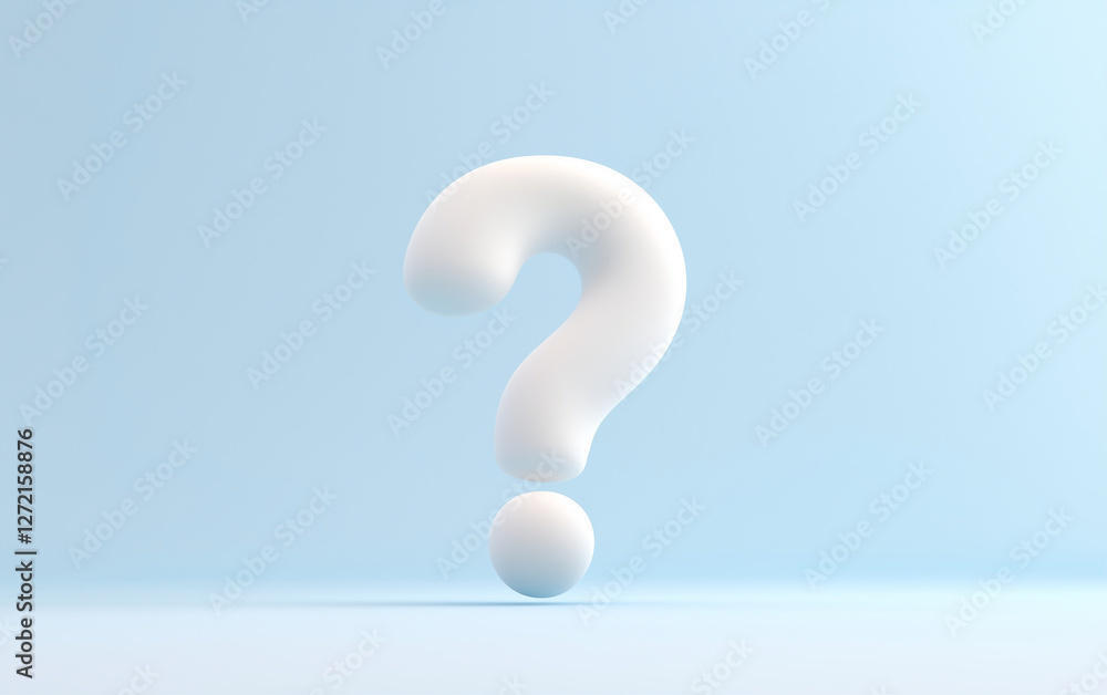 Poster white question mark symbol on light blue background. 3d rendering graphic question mark with soft sh
