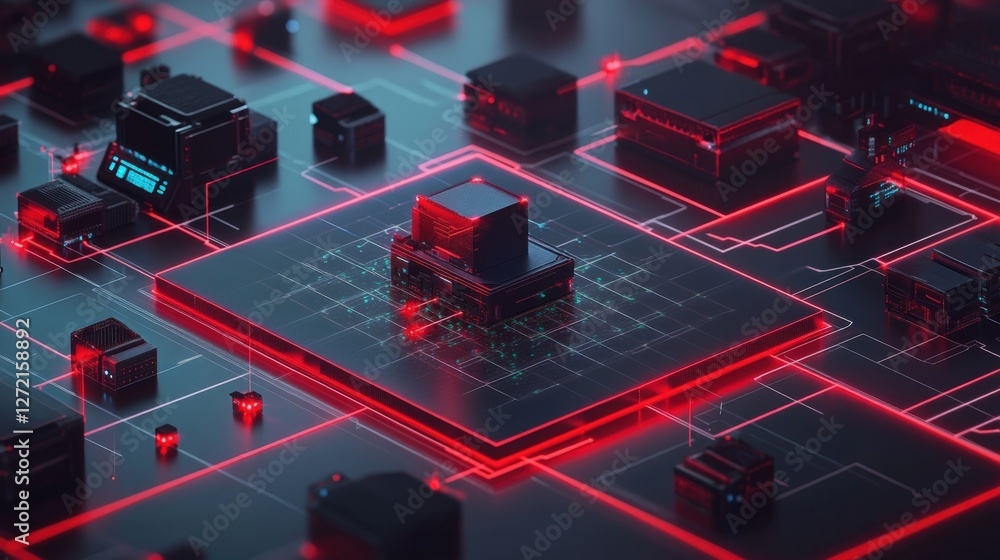 Poster complex network of interconnected components radiating red light. representing data processing and t