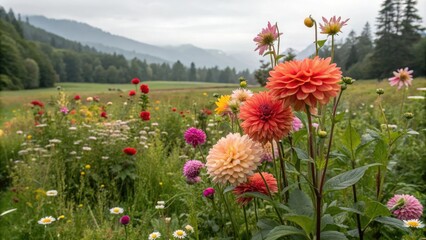 Dahlias in a lush meadow surrounded by wildflowers, green fields, flower field