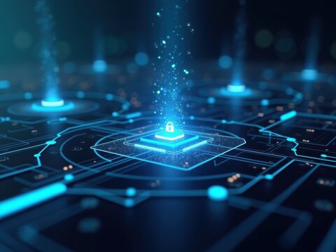 Digital representation of cybersecurity with glowing lock icon on circuit board showcasing network protection