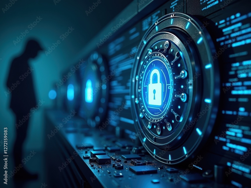 Poster focus on cybersecurity platform showcasing advanced locking mechanisms with a silhouette in the back