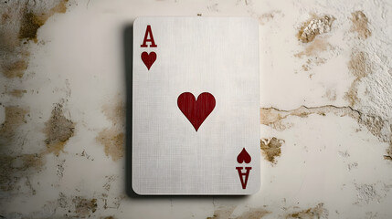 A simple yet striking Ace of Hearts playing card against a textured, aged wall background