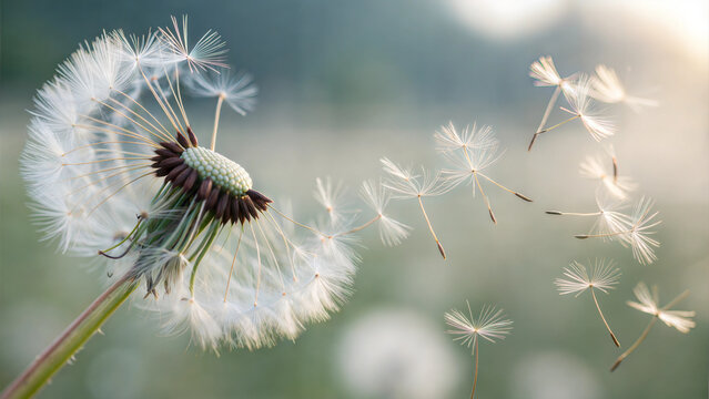 Closeup of dandelion seeds dispersing in the wind with blurred green background