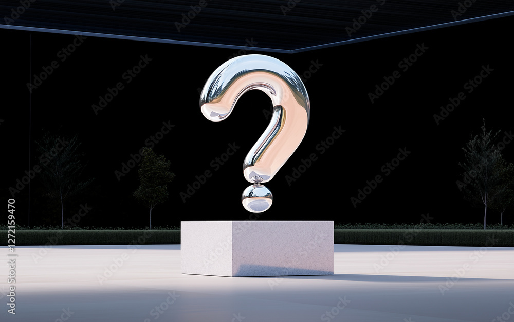 Poster question mark graphic design on display. silver question mark on white cube. question mark graphic d