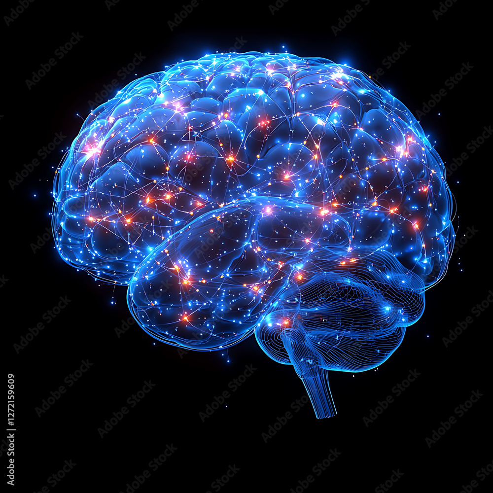 Poster stunning digital rendering of a human brain, showcasing intricate neural pathways illuminated with v
