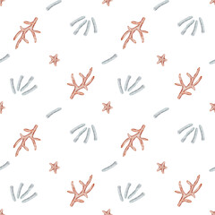 Watercolor pattern seashells, corals, starfish. Hand drawn illustration in marine style. Endless summer print on white background for fabric, textile, packaging, clothes, wallpaper, clothing, summer