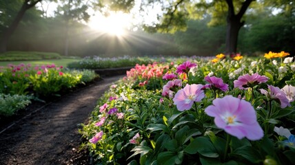 Obraz premium Beautiful garden with colorful flowers under morning sunlight
