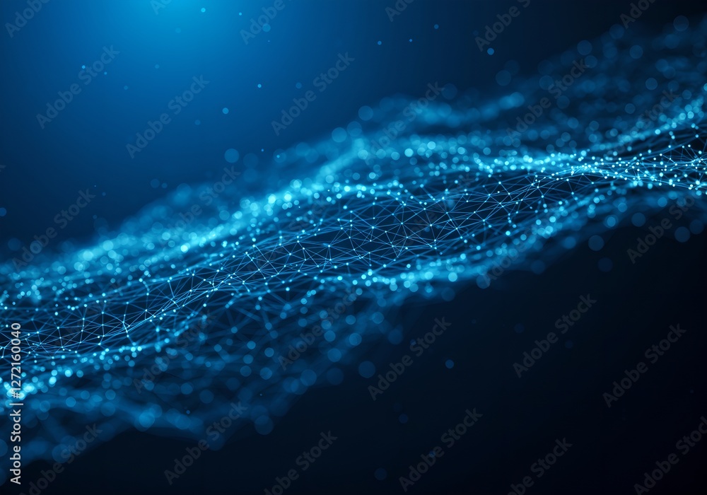 Poster Glowing blue digital network wave. Abstract technology background with connected dots. Futuristic data visualization for artificial intelligence and machine learning concepts