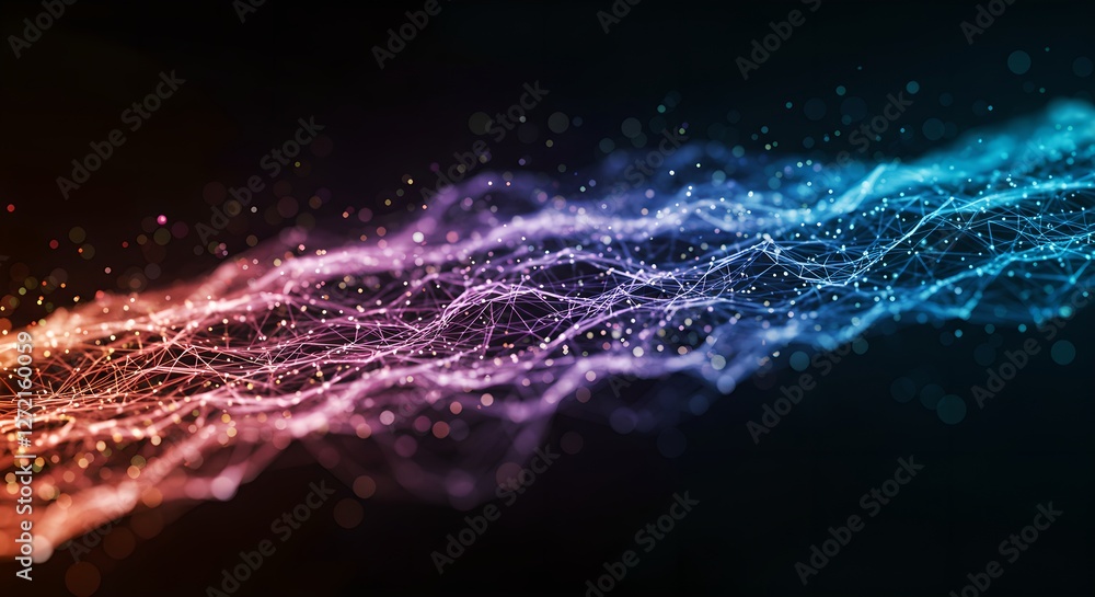 Poster digital network waves in blue, purple, and orange colors. abstract technology background. data visua
