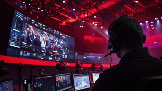 Technician with headset is controlling a live event production, using computers and a large screen displaying the audience and various camera feeds in a red lit control room
