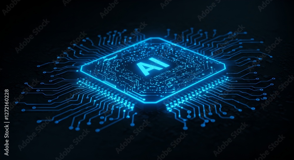 Poster futuristic ai processor chip with glowing blue circuit lines on dark background. artificial intellig