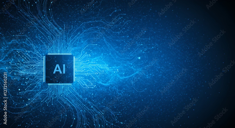 Poster artificial intelligence chip emitting blue digital network. ai technology concept. machine learning,