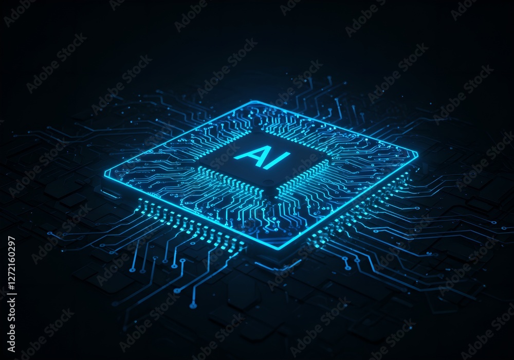 Poster glowing blue ai chip on dark circuit board. digital artificial intelligence technology concept. futu