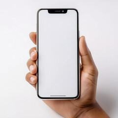 mano sostiene un telefono movil color blanco, aislado, sobre fondo blanco, mockup