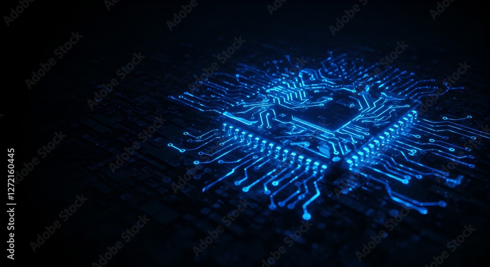 Poster Artificial intelligence chip concept. Glowing blue circuit board with central processor. Digital technology, machine learning, and data processing visualization