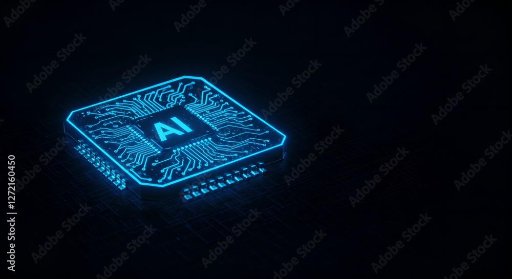 Poster glowing blue ai chip on dark background. artificial intelligence processor concept. digital technolo