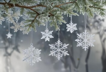 Delicate snowflake ornaments hanging from a frosted glass tree branch, crystal, frozen