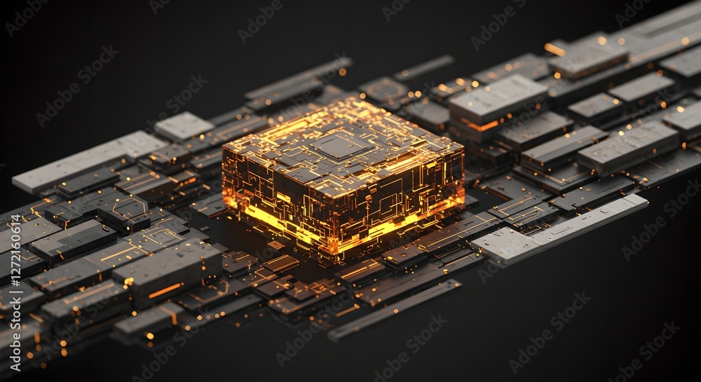 Poster glowing golden computer chip on futuristic circuit board. digital technology concept. ai processor, 