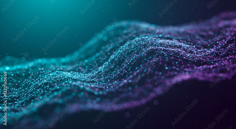 Poster digital wave of teal and purple particles on dark background. abstract technology concept. big data 