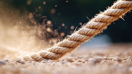 Close-up of frayed rope with dust particles, symbolizing strength and resilience