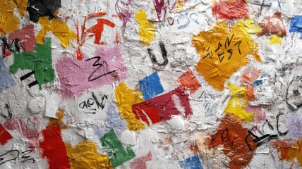 Colorful abstract graffiti on textured wall with various symbols and letters