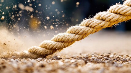 Close-up of rope being dragged through dirt, illustrating strength and tension