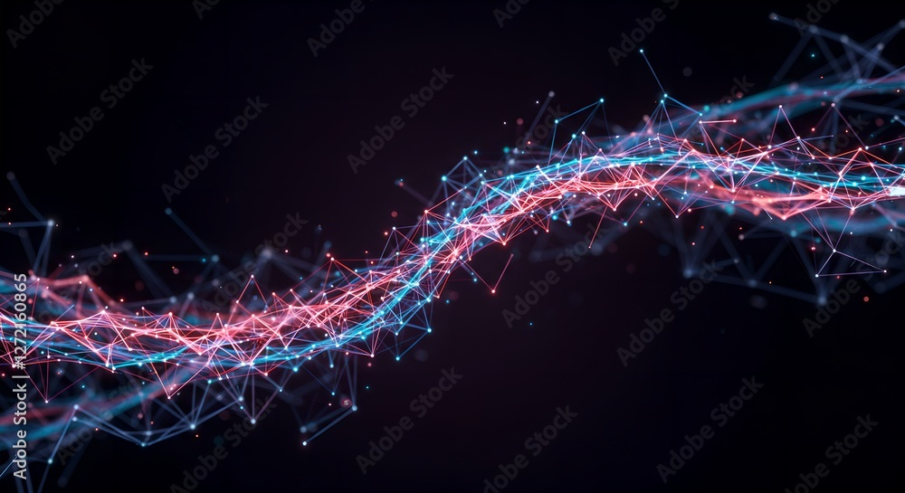 Poster Digital network energy flow visualization. Abstract technology concept with glowing blue and red data streams. Futuristic background for artificial intelligence and big data.