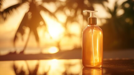 Sun protection concept with glass spray bottle of spf mist in tropical sunset setting