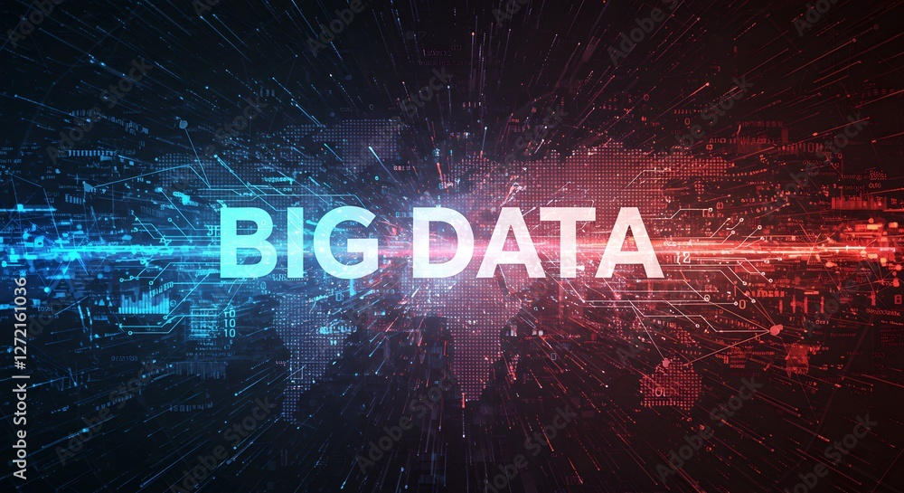 Poster Big data concept visualization with glowing text and digital particles. Abstract futuristic background for data analytics, artificial intelligence, and information technology