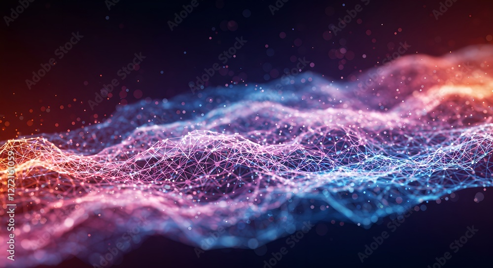 Poster Digital network waves with glowing particles. Abstract technology background. Data visualization, artificial intelligence, machine learning concept