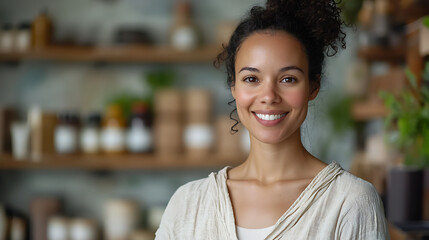 Retail shop owner showcasing net zero certification in eco-friendly store urban environment business portrait sustainability concept