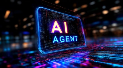 Fototapeta premium The words AI Agent on a futuristic background symbolizing future agentic autonomy and automation using a chatbot assistant for copilot support through AGI technology for bot assistance