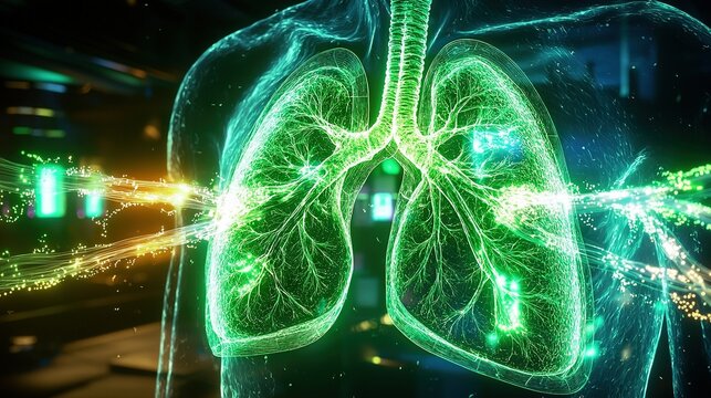  A computer-generated image depicts human lungs emitting glowing green and blue lights