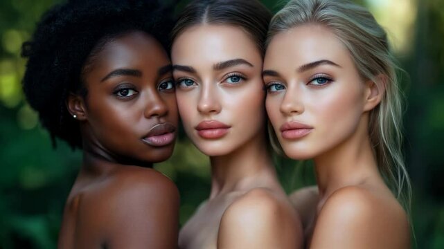 Three diverse models with flawless skin posing together, highlighting a beauty concept focused on natural looks and celebrating ethnic diversity in a studio setting