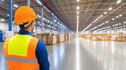 Warehouse workers wearing safety helmets and reflective vests discuss logistics operations and teamwork in an industrial warehouse setting