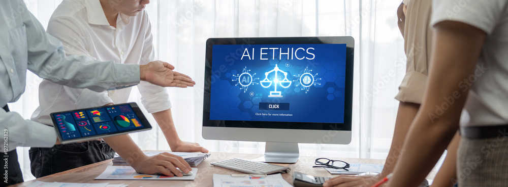 Poster ai ethics responsibility standard law and rules on computer screen provide report of ai ethic transp